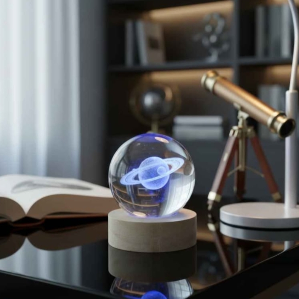 New Miniature 3" Laser Engraved Glass Saturn Gazing with LED Base Color Changing